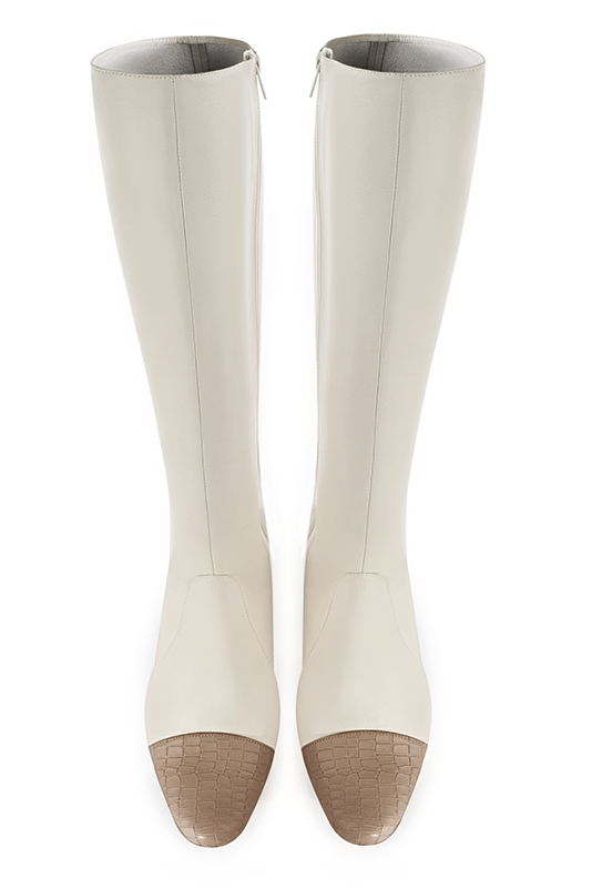 Tan beige and off white women's feminine knee-high boots. Round toe. Low block heels. Made to measure. Top view - Florence KOOIJMAN